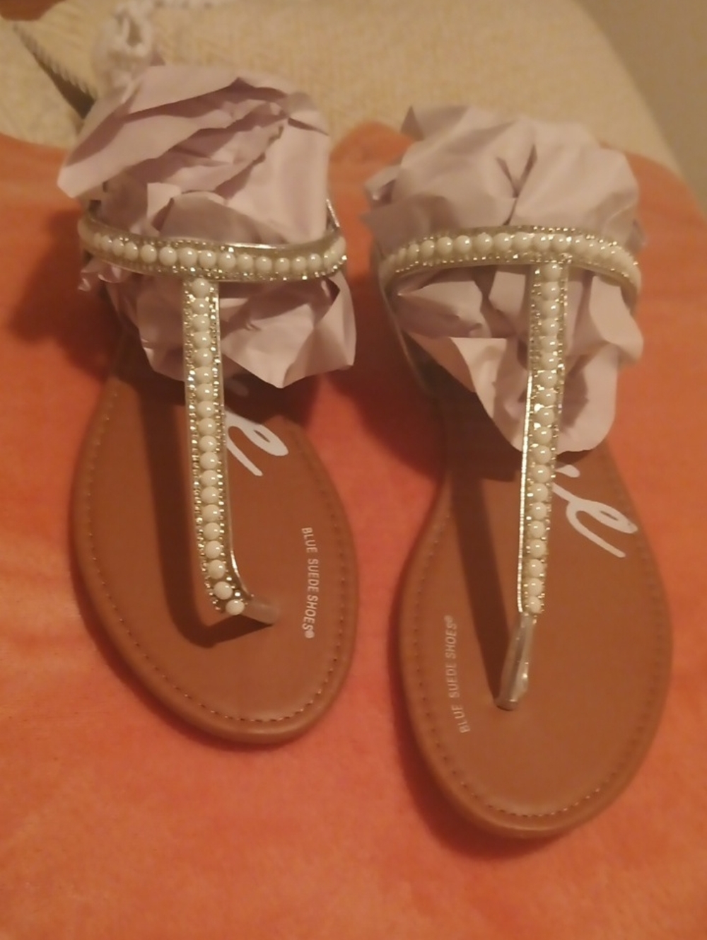 Pearl-Trim T-Strap Sandals - White & Tan